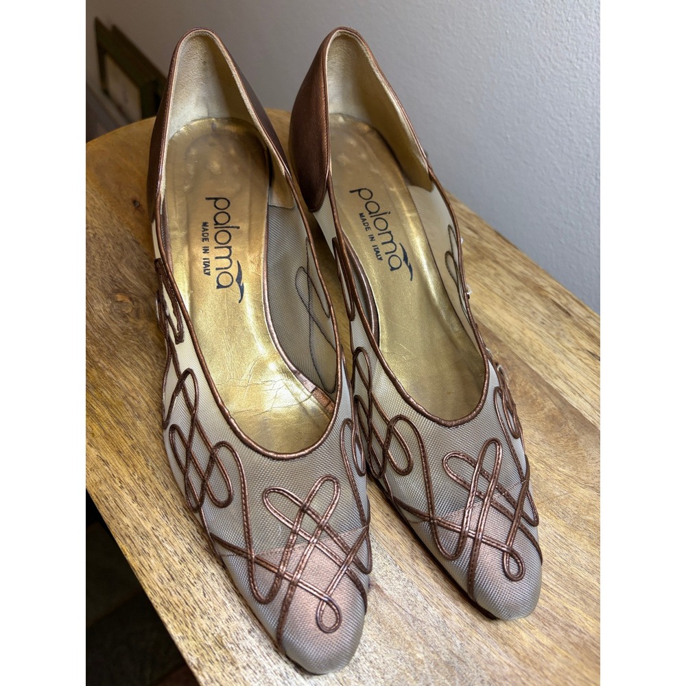 Vintage Paloma Italy Bronze Mesh Kitten Heels 8.5B Soutache Y2K Needs Repair